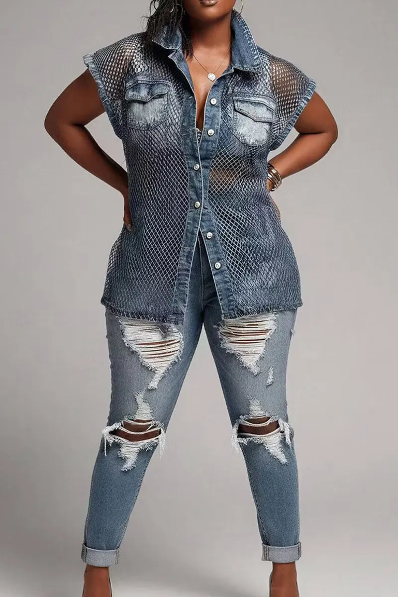 Women Casual Mesh Splice Washed Denim Sleeveless Collared Button Down Shirt