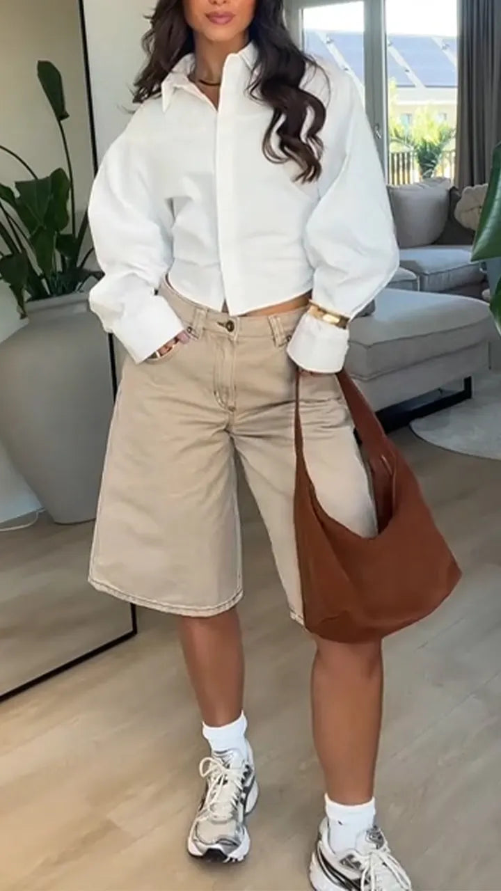 Ladies Collar Shirt+ Cropped Pants Casual Set