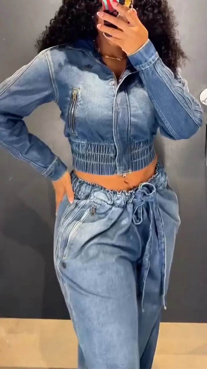 Women Collar Wash Top+ Pants Casual Denim Suit