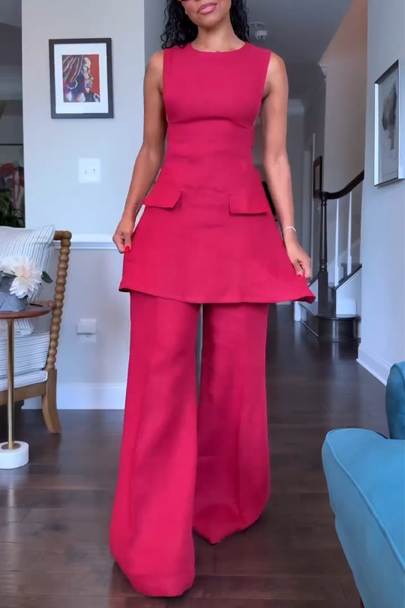 Women's Round Neck Sleeveless Waist Cinching Elegant Dress or Solid Color Pants