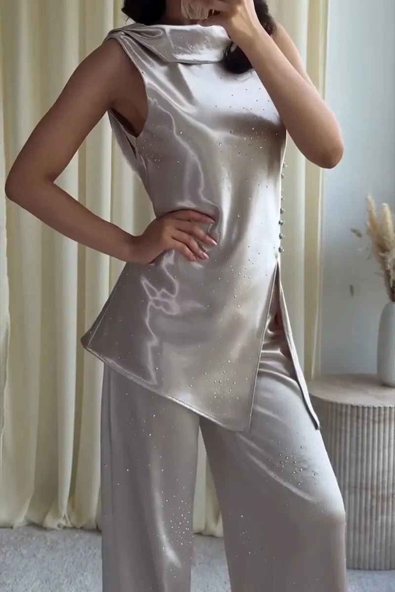 Women's Elegant Satin Rhinestone Vest Pants Set
