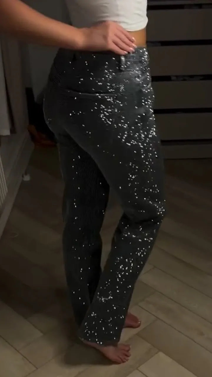 Women Rhinestone Sparkling Washed Casual Jeans