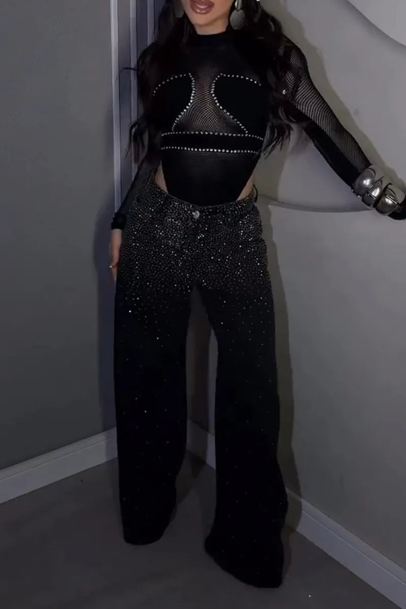 Women's Fashion Mesh Patchwork Rhinestone Bodysuit or Rhinestone Jeans