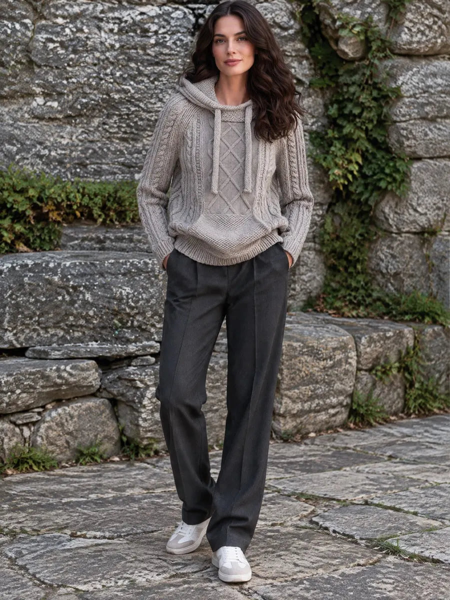 Grey Cable Knit Drawstring Hooded Pullover Sweater With Kangaroo Pocket