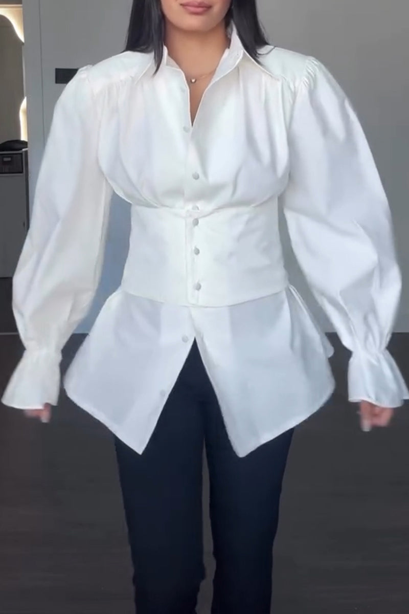 Women's Fashion Puff Sleeve Shirt with Waist Corset