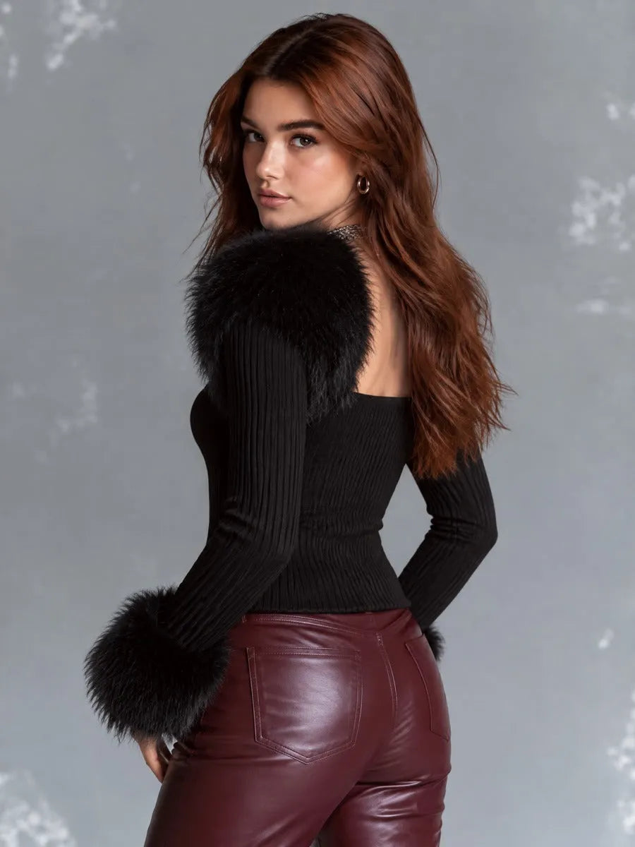 Vintage Black Ribbed Knit Sweater With Faux Fur Trim