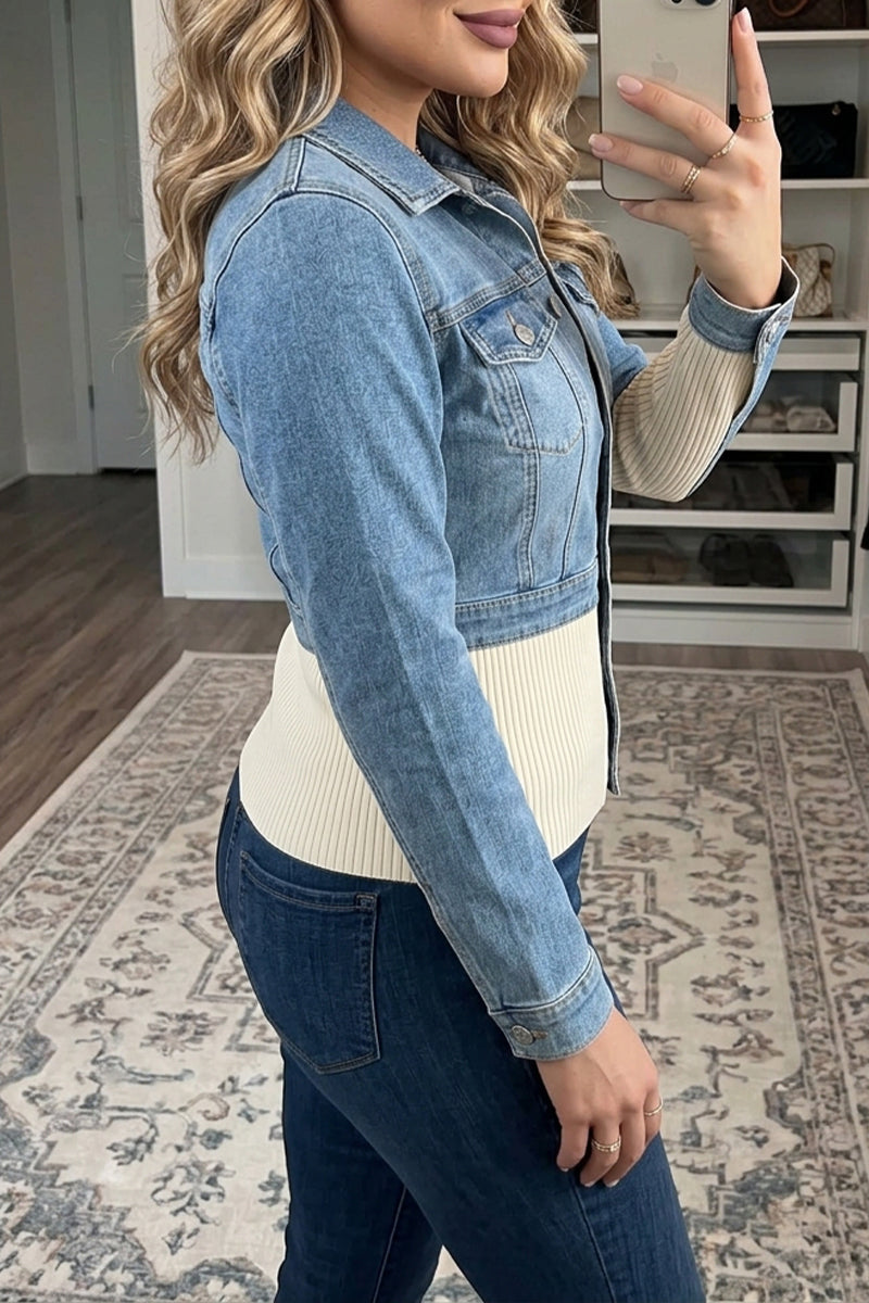 Women's Slim Fit Denim Jacket Knit Patchwork Ribbed Waistband Button Down Long Sleeve Washed Jean Jacket Shacket