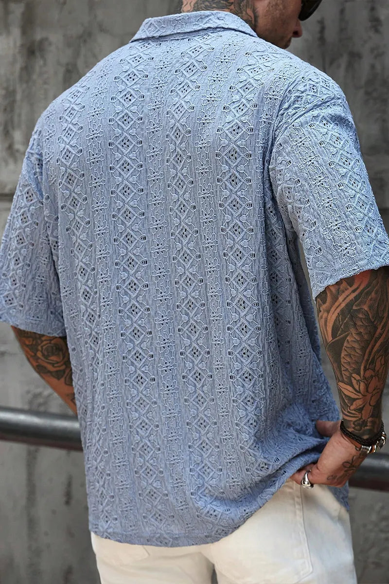Men's Aqua Blue Summer Casual Vacation Knitted Mesh Texture Polo Shirt,Bohemian Crochet Jacquard V-Neck Short-Sleeve Loose Top For Beach Festivals