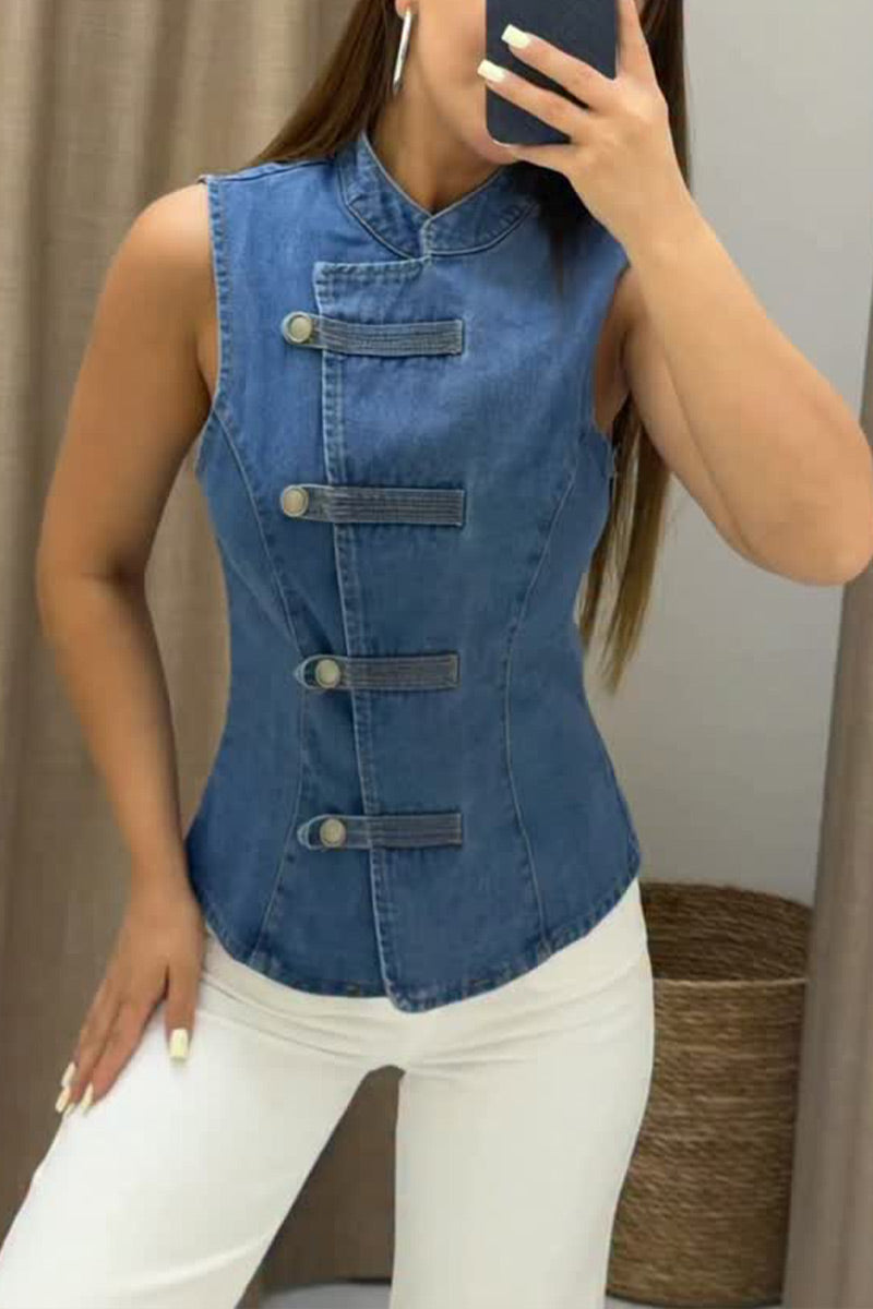 Women Light Wash Mandarin Collar Diagonal Four Button Slim Fit Sleeveless Denim Vest