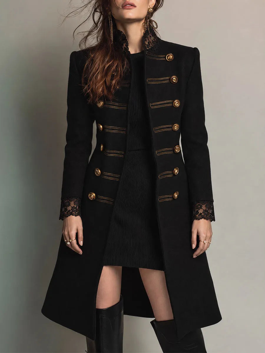 Black Military Lace-Trim Mid-length Wool Coat with Gold Buttons