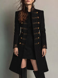 Black Military Lace-Trim Mid-length Wool Coat with Gold Buttons