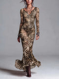 Women's Khaki Vintage Leopard Print Long Sleeve V-Neck Ruched Mermaid Maxi Dress