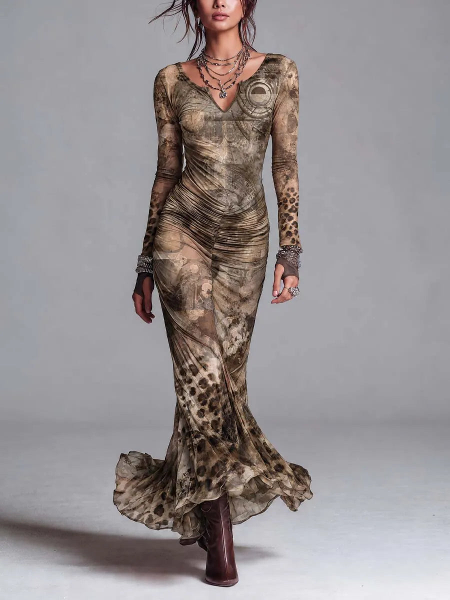 Women's Khaki Vintage Leopard Print Long Sleeve V-Neck Ruched Mermaid Maxi Dress