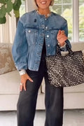 Women's Round Neck Spliced Casual Denim Jacket