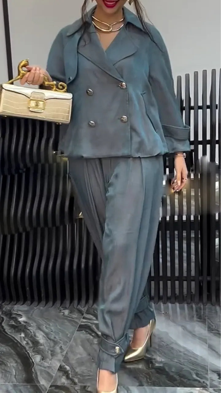 Women Collar Double Breasted Jacket + Pants Temperament Commuting Suit