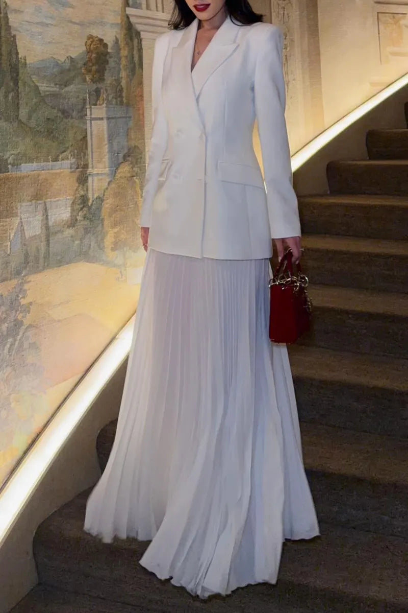 Women Collar Blazer + Pleated Skirt Elegant Temperament Formal Suit
