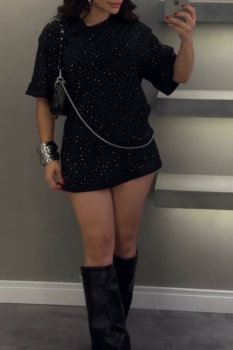Women's Casual Shiny Rhinestone Loose T-Shirt