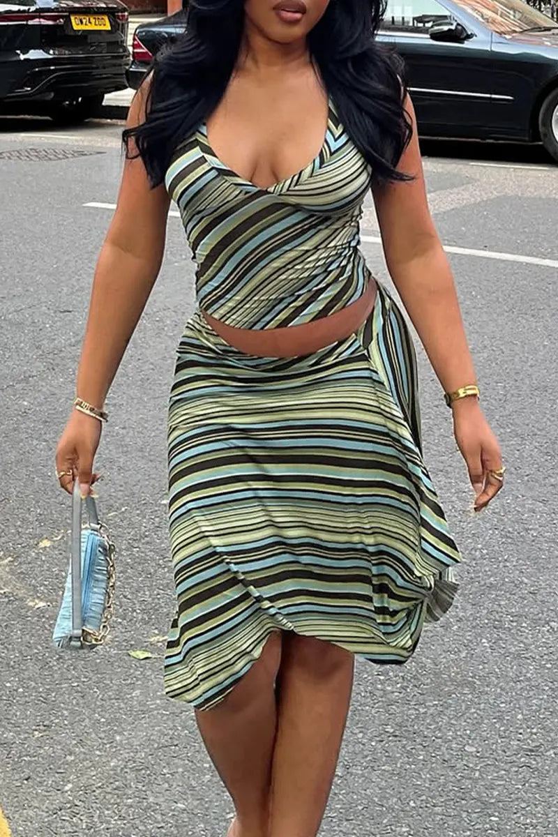 Women Low Neck Striped Top+ Irregular Half Skirt Casual Suit