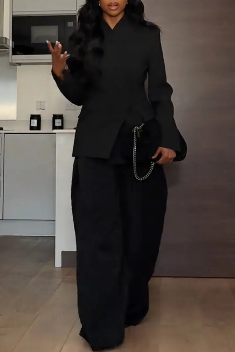 Women Round Neck Blazer +wide Leg Pants Temperament Commuting Formal Suit