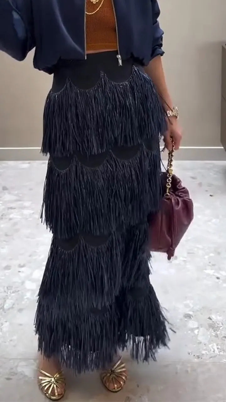 Women Round Neck Jacket + Patchwork Tassel Skirt