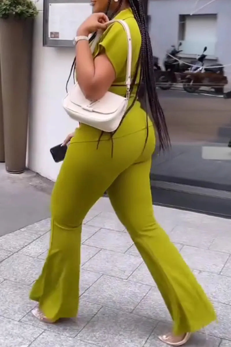 Women's Casual Short-Sleeve Double-Breasted Jacket & Flared Trousers
