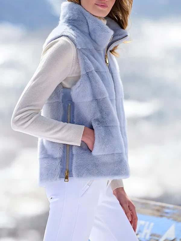 Women Stand Collar Zipper Casual Plush Vest