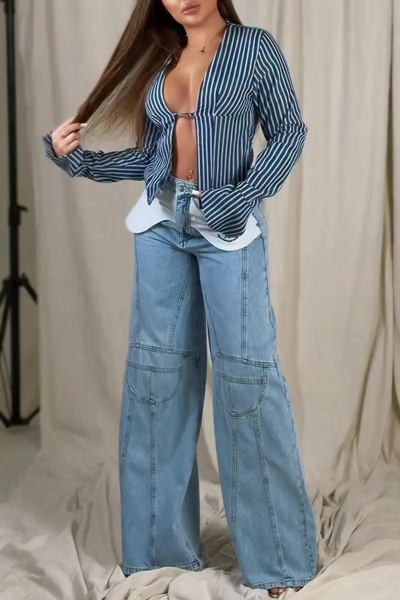 Women Vertical Sexy Top or Spliced Wide Leg Jeans