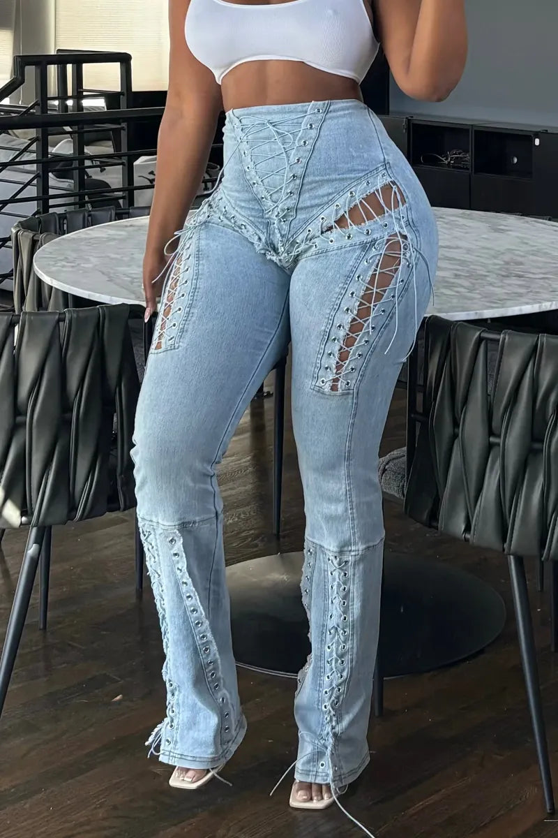 Ladies' Casual Washed Lace Up Ripped Tight Jeans