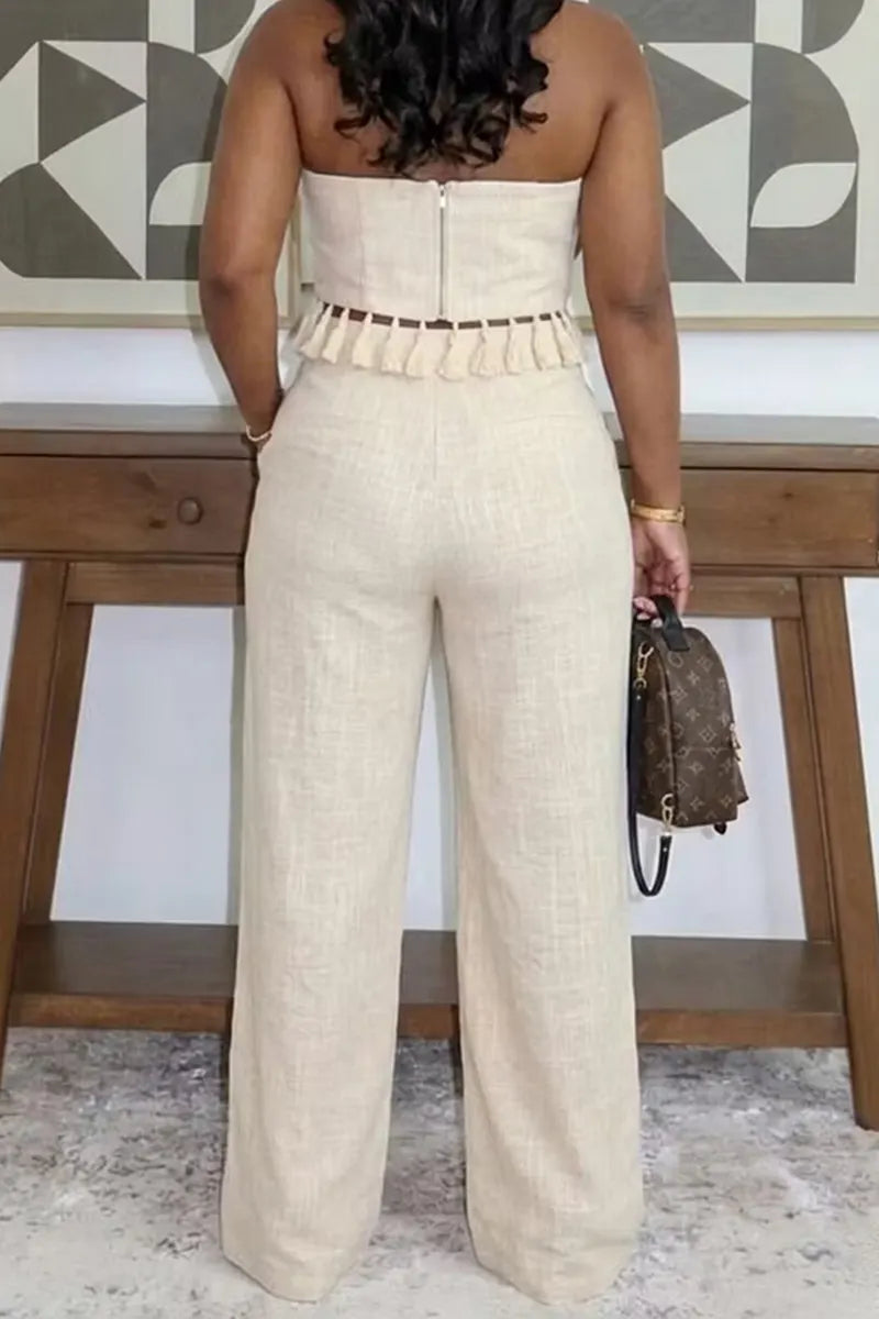 Women's Strapless Cropped Top With Fringed Hem Or Wide Leg Commuter Trousers