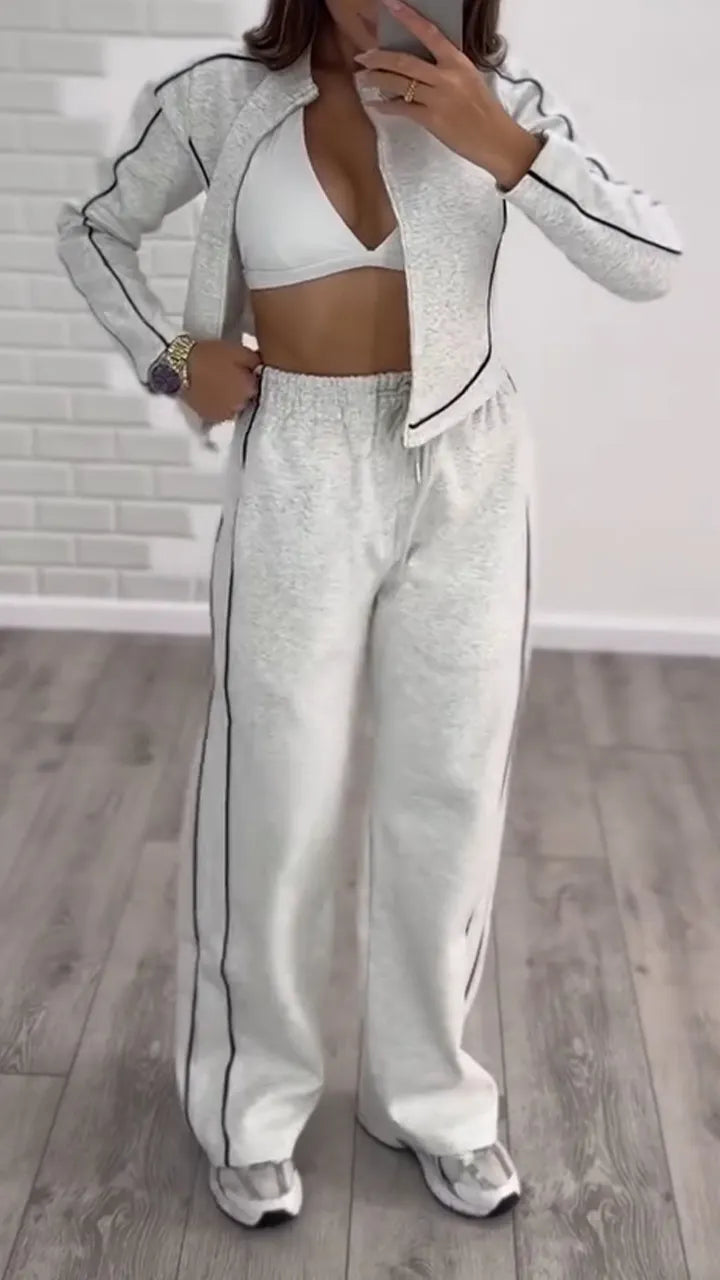 Womens Round Neck Vertical Zipper Coat + Pants Casual Suit