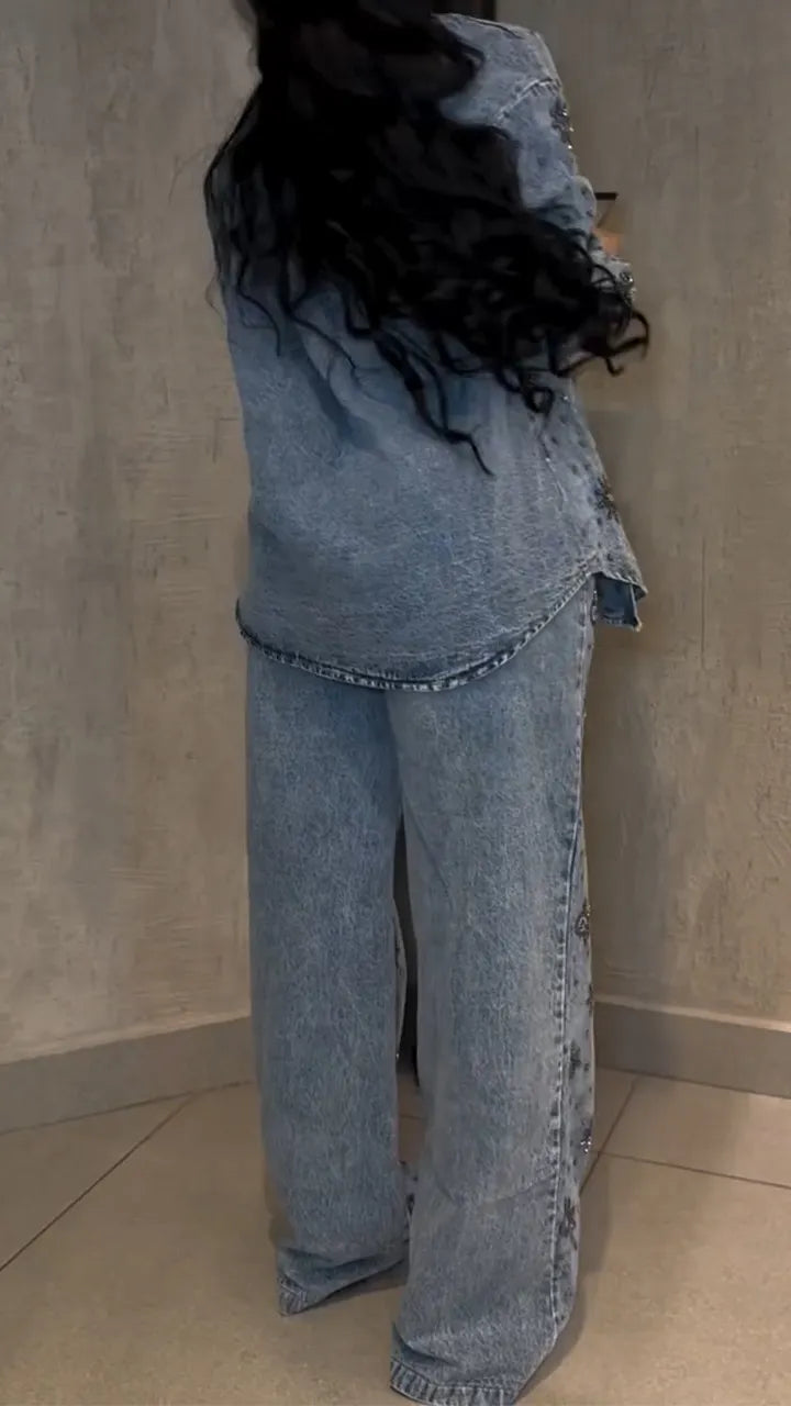 Women Lapel Printed Casual Denim Suit