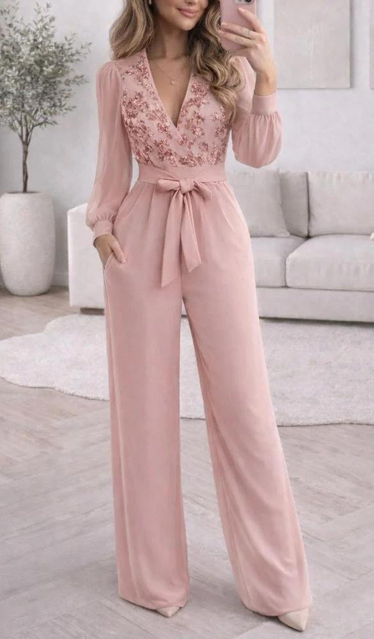 Women V-neck Sequin Patterned Casual Jumpsuit with Temperament