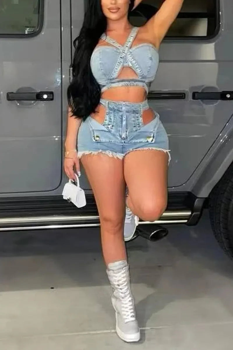 Ladies' Fashionable Denim Sleeve Short Top And Shorts