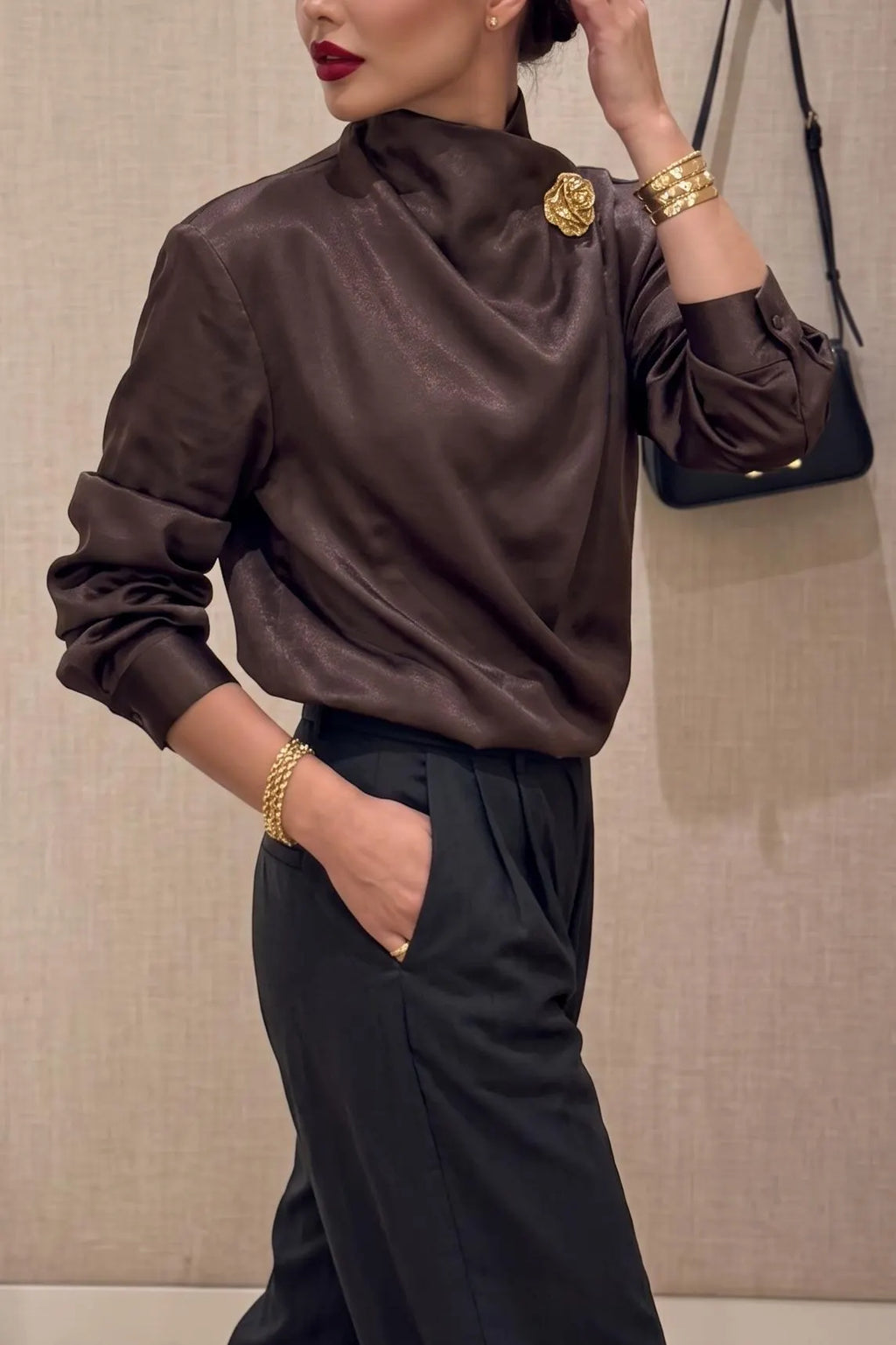 Women's Elegant Satin Silk Blouse Mock Neck Long Sleeve Draped Cowl Neck Tops Fall Dressy Casual Work Office Shirt with Brooch