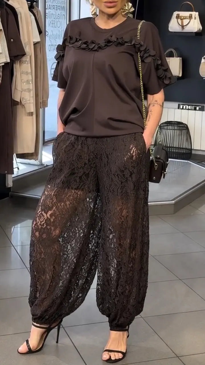 Women Round Neck Patchwork Top + Patchwork Lace Hollow Pants Casual Set