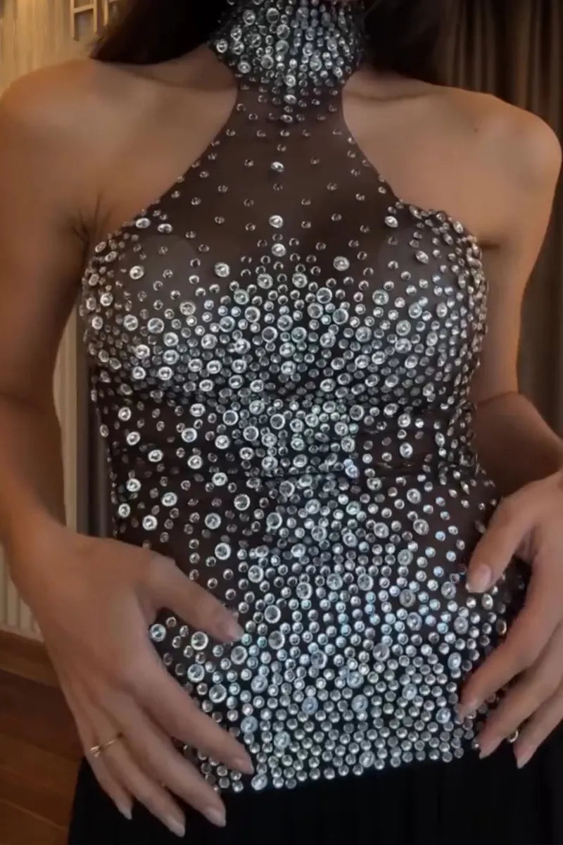 Women's Fashion Rhinestone Mesh Stretch Sheer Vest