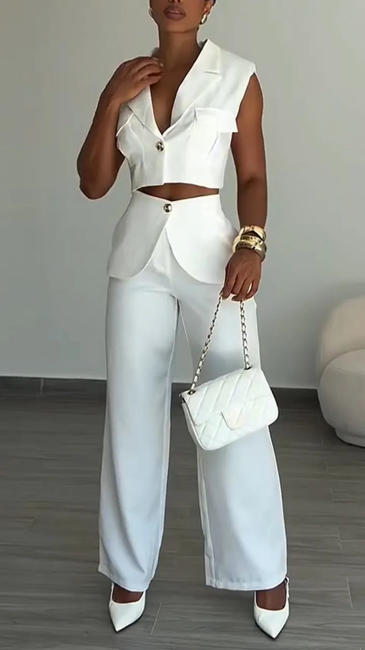 Women Collar Short Top + Patchwork Pants Temperament Commuting Suit