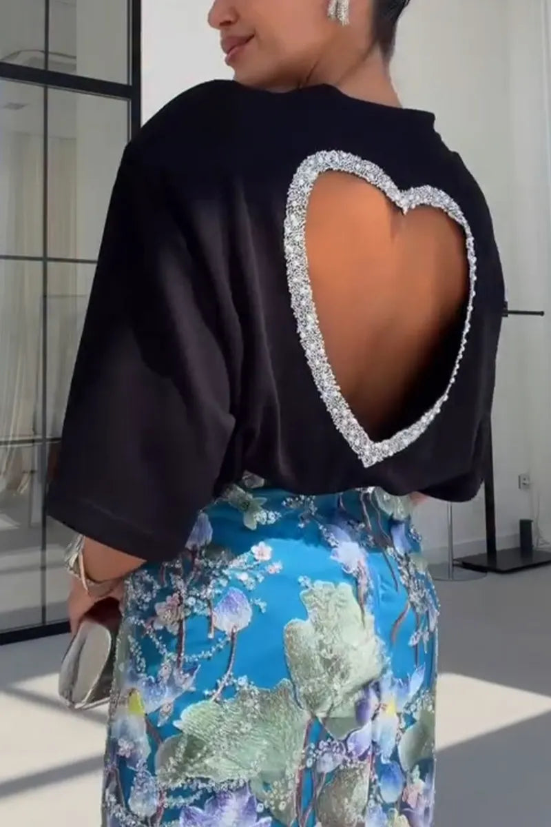 Women's Round Neck Back Hot Pressed Diamond Heart Hollow Top or Printed Sequin Tassel Half Skirt