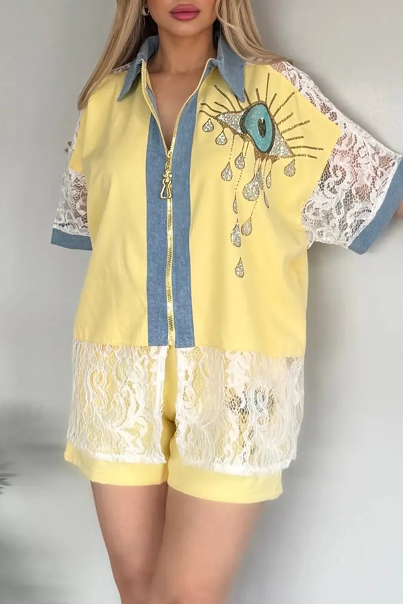 Women Collar Hot Stamping Diamond Pattern Splicing Denim Top+ Shorts Casual Set