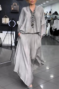 Women V-neck Top+ Wide Leg Pants Loose Casual Suit