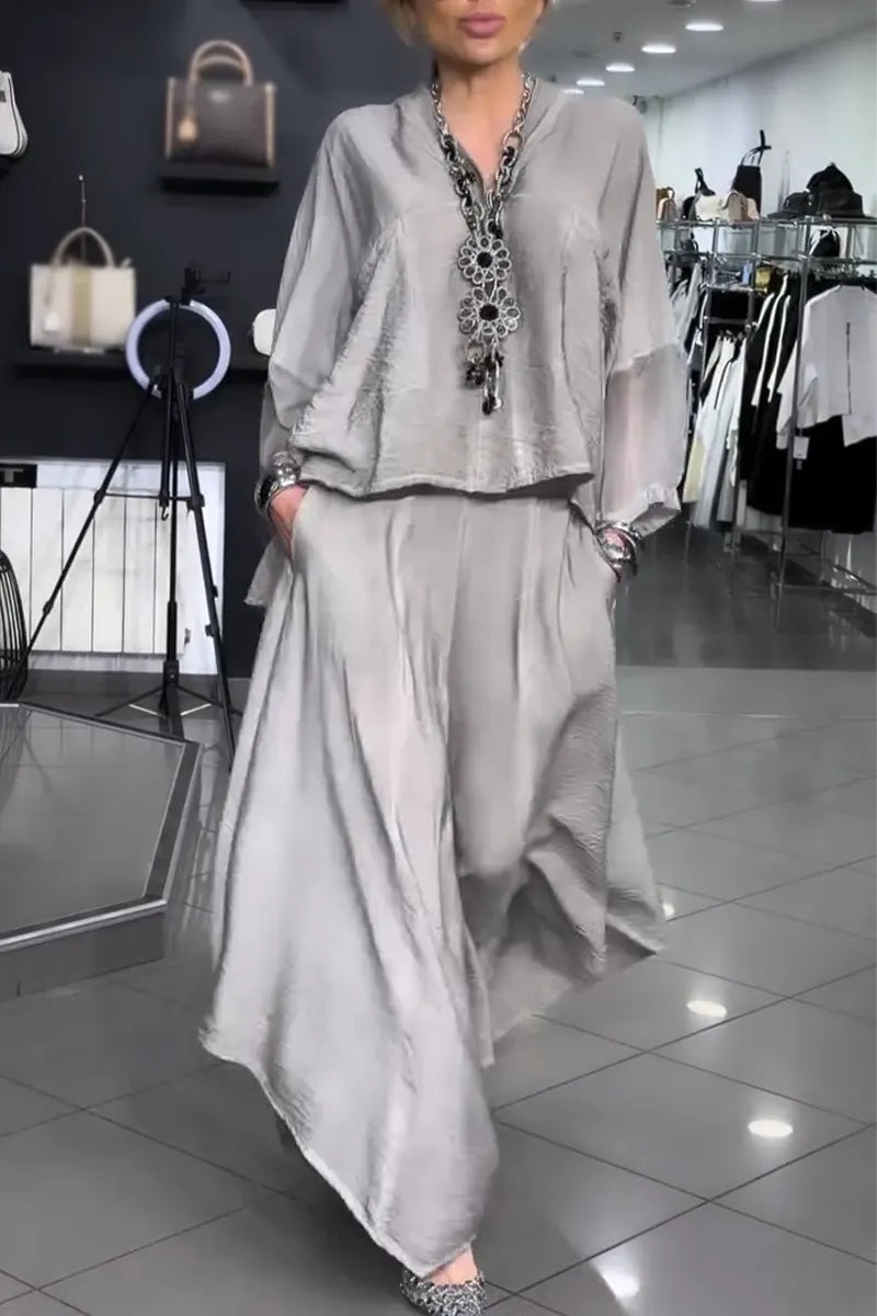 Women V-neck Top+ Wide Leg Pants Loose Casual Suit