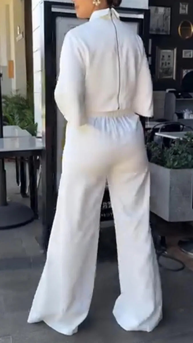 Women Collar Top+ Pants Solid Color Casual Suit