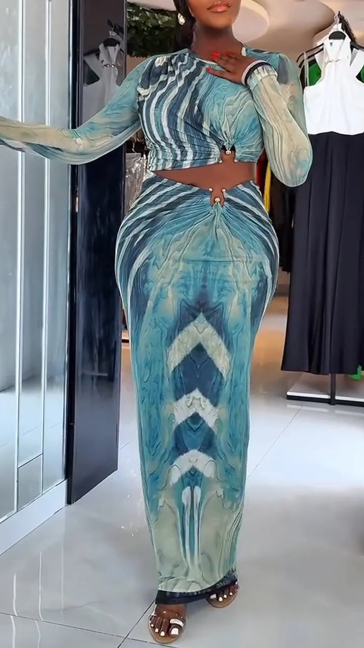 Women Round Neck Long Sleeved Dyed Top + Half Skirt Elegant Casual Suit