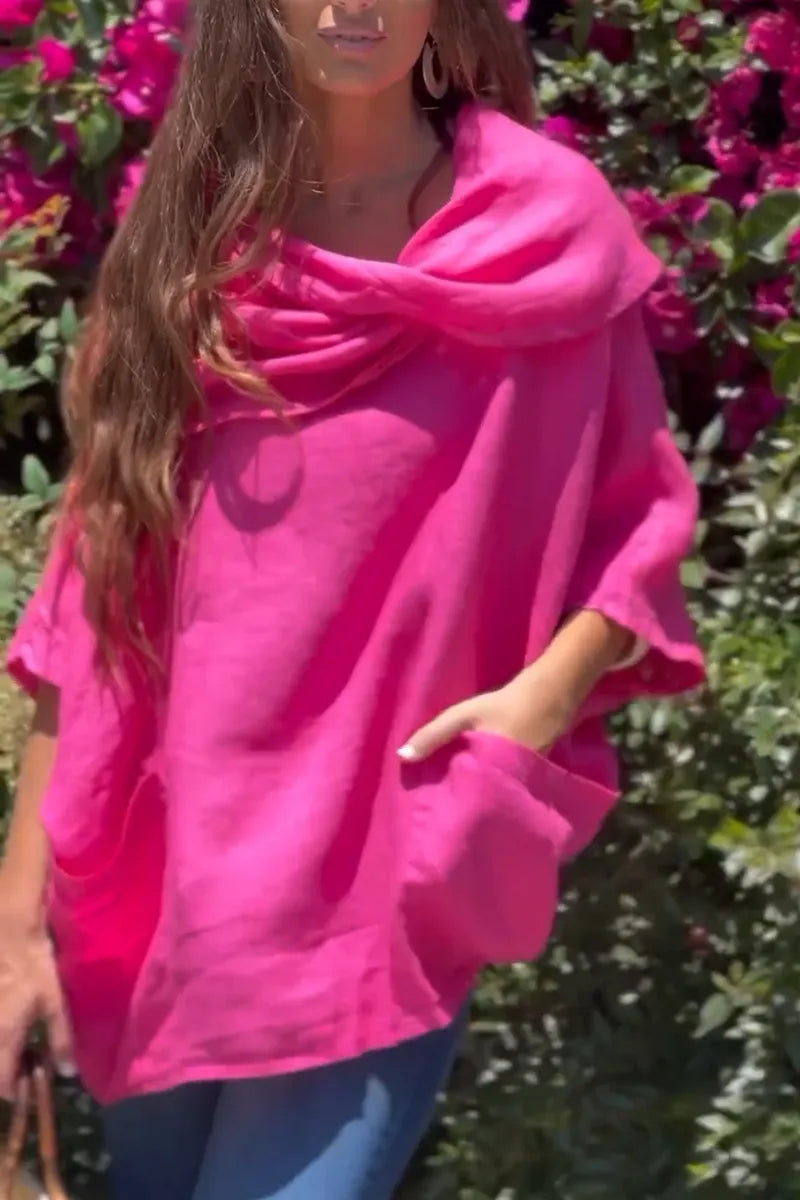 Women's Round Neck Solid Color Casual Cotton and Linen Top