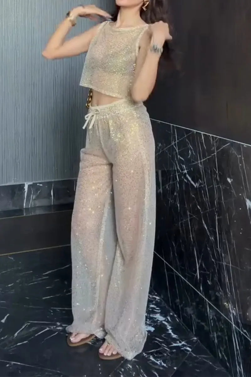 Women Round Neck Sequin See Through Top+ Pants Sexy Casual Suit