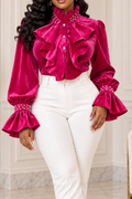 Women's Victorian Ruffle Velvet Blouse Long Bell Sleeve Button Down Shirt Mock Neck Pearl Cuff Party Evening Cocktail Tops