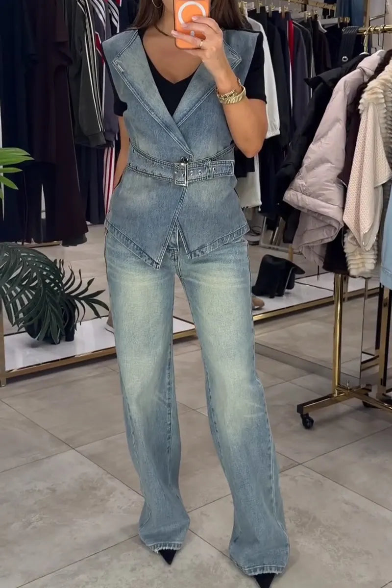 Women's Casual Collar Patchwork Denim Wash Fake Two-piece Top or Jeans