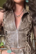 Women's Sleeveless Zip Front Collared Top With Tie Detail Or Side Tie Cropped Skirt