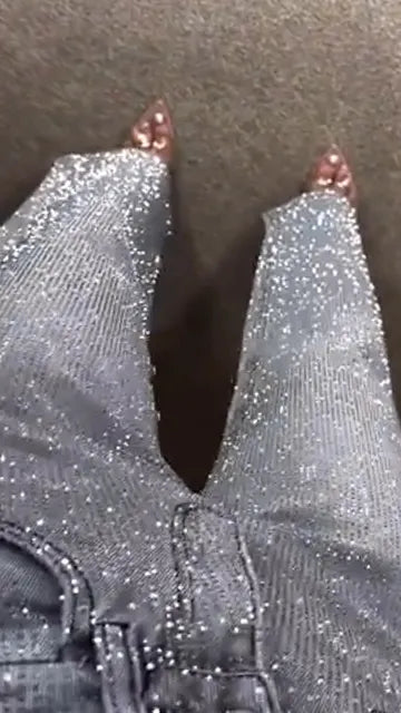 Ladies High Waisted Diamond Hot Stamping and Sparkling Casual Jeans