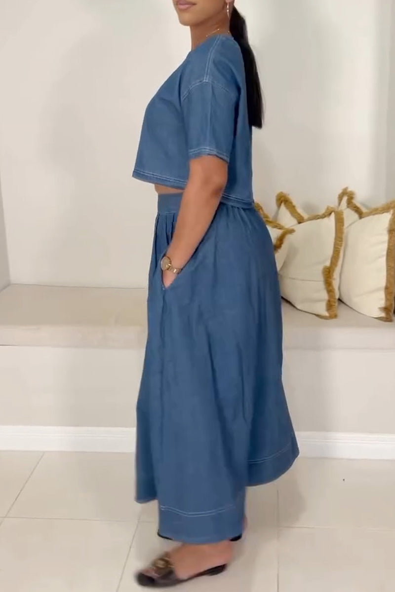 Women's Casual Crew Neck Short Sleeve Denim Top or A-Line Skirt